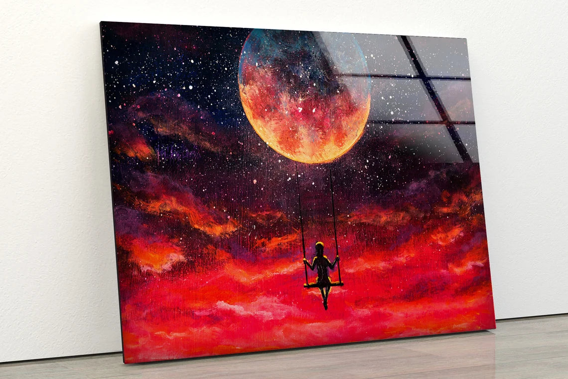 Girl on Swings Red Sky with Moon Painting Acrylic Glass Print Tempered Glass Wall Art 100% Made in Australia Ready to Hang