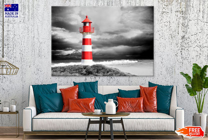 White Red Lighthouse near Sea B&W Photograph Print 100% Australian Made