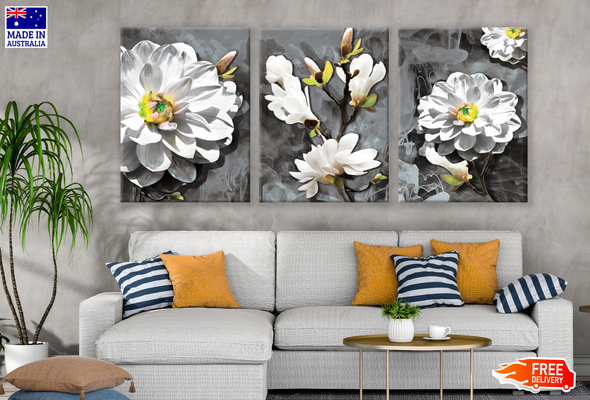 3 Set of White Floral Art High Quality print 100% Australian made wall Canvas ready to hang