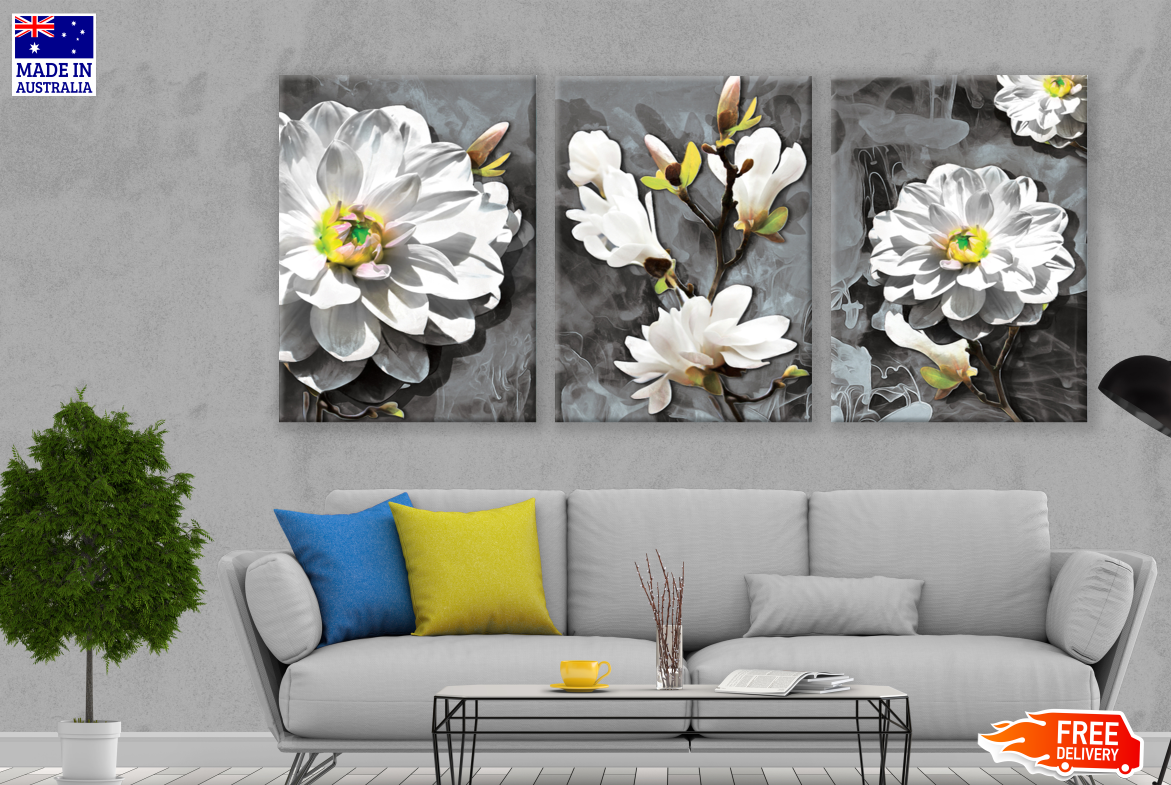 3 Set of White Floral Art High Quality print 100% Australian made wall Canvas ready to hang