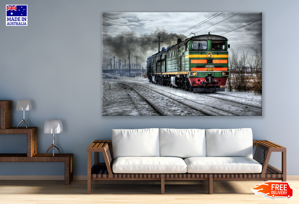 Train with smoke in Winter Photograph Print 100% Australian Made
