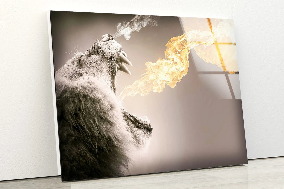 Tiger with Smoke & Fire Photograph Acrylic Glass Print Tempered Glass Wall Art 100% Made in Australia Ready to Hang