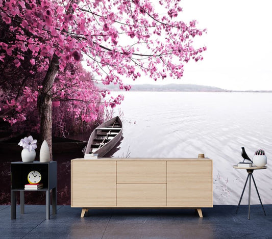 Wallpaper Murals Peel and Stick Removable Flower Tree Near Lake & Boat High Quality