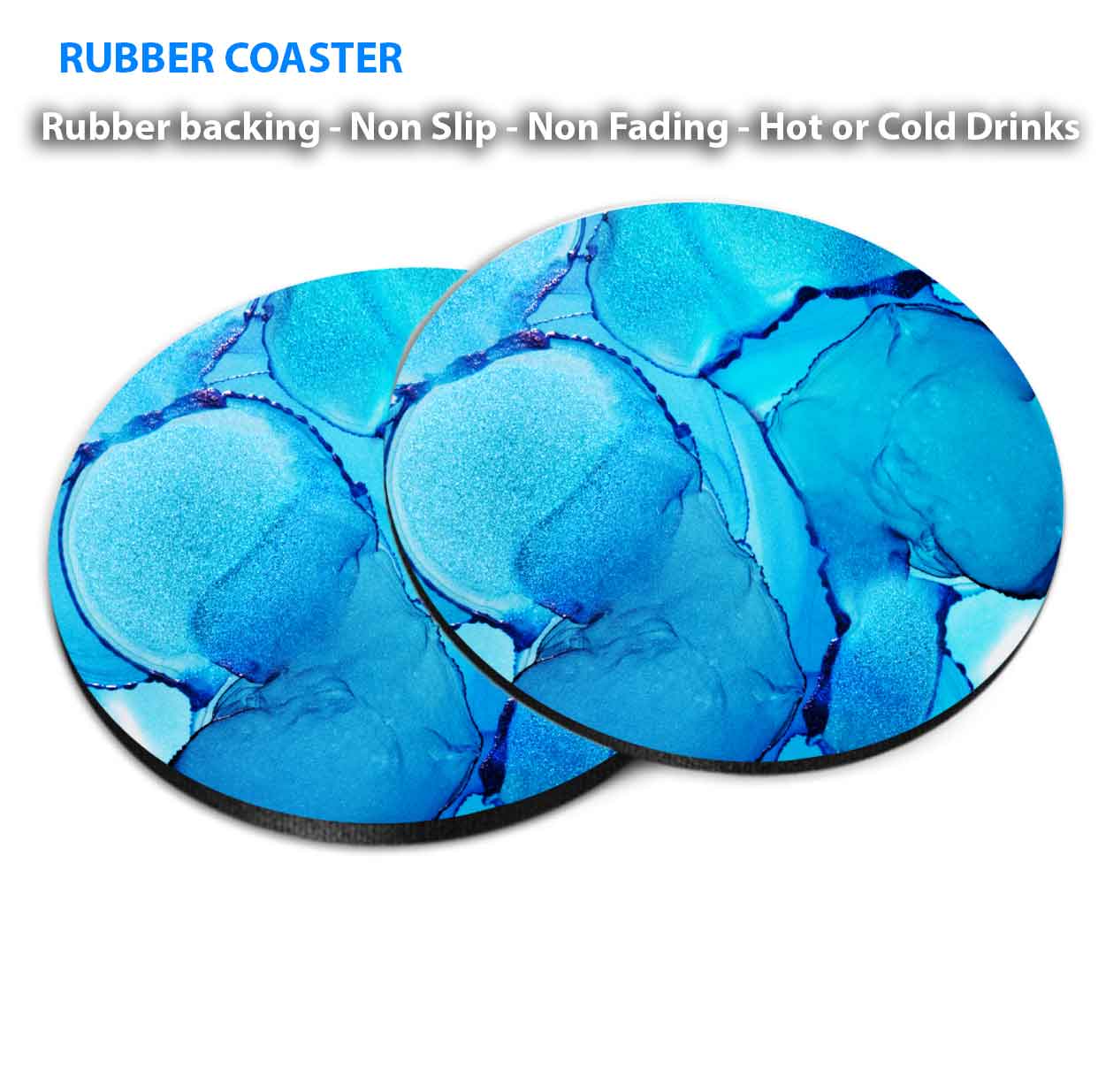 Blue Silver Splash Liquid Abstract Design Coasters Wood & Rubber - Set of 6 Coasters