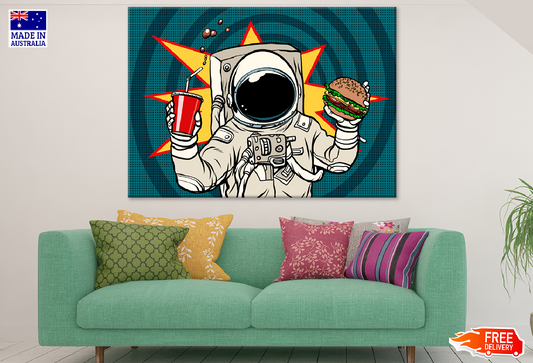 Astronaut Holding Burger & Cola Drink Illustration Print 100% Australian Made