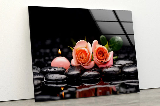 Rose Flower & Candle on Wet Zen Stones Photograph Acrylic Glass Print Tempered Glass Wall Art 100% Made in Australia Ready to Hang