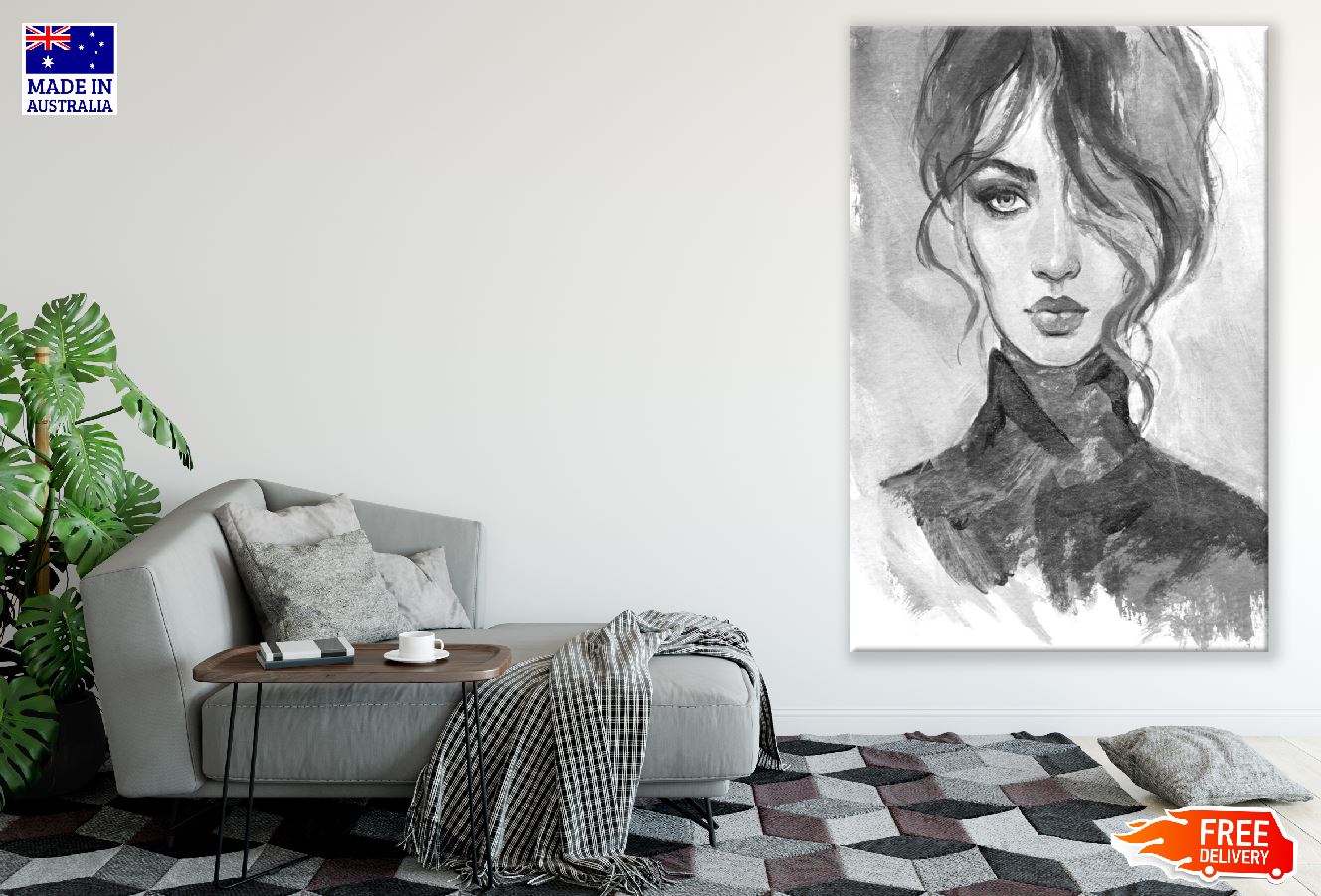 Fashion Woman B&W Watercolor Painting Print 100% Australian Made