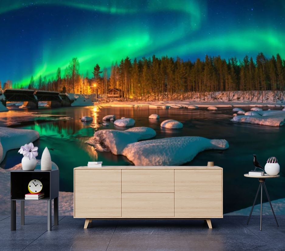 Wallpaper Murals Peel and Stick Removable Aurora Over a Forest High Quality