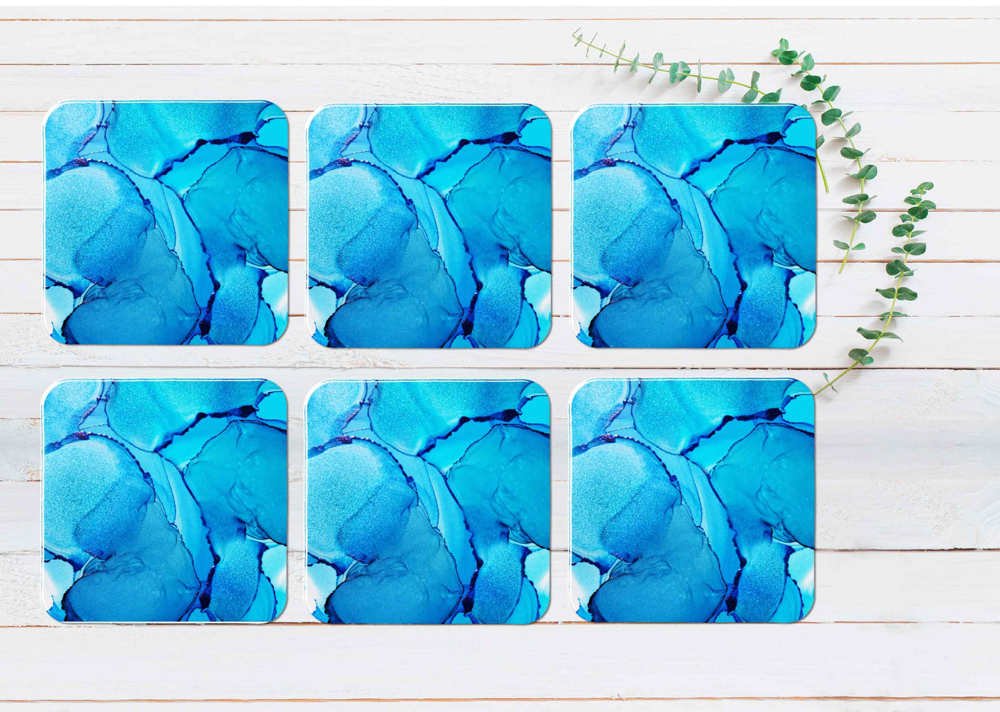 Blue Silver Splash Liquid Abstract Design Coasters Wood & Rubber - Set of 6 Coasters