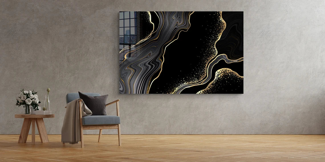 Gold Abstract Marble Print Tempered Glass Wall Art 100% Made in Australia Ready to Hang