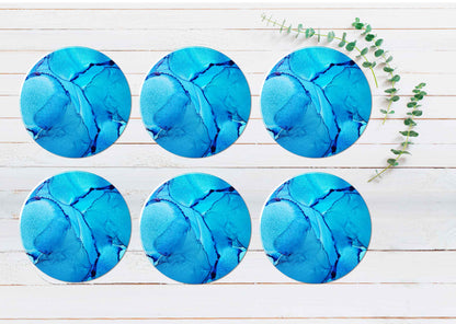 Blue Silver Splash Liquid Abstract Design Coasters Wood & Rubber - Set of 6 Coasters