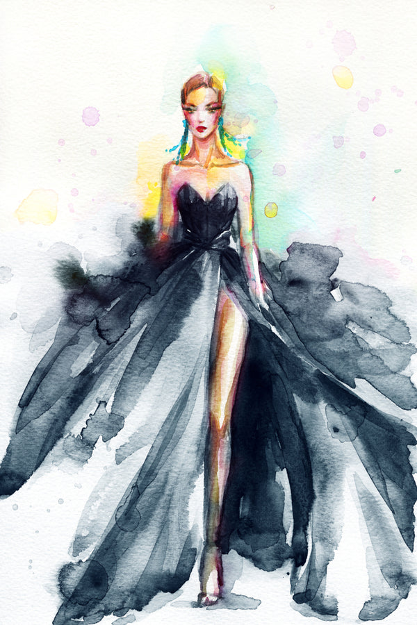 Black Fashion Dress Woman Watercolor Painting Print 100% Australian Made