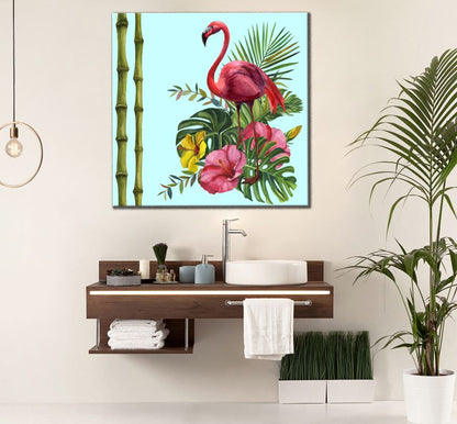 Square Canvas Flamingo Bird on Floral Bunch Art High Quality Print 100% Australian Made