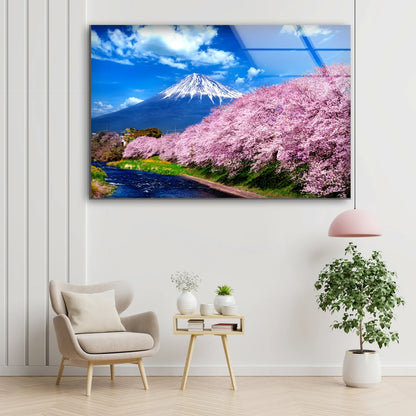 Blossom Trees Along River Mountain View Photograph Acrylic Glass Print Tempered Glass Wall Art 100% Made in Australia Ready to Hang