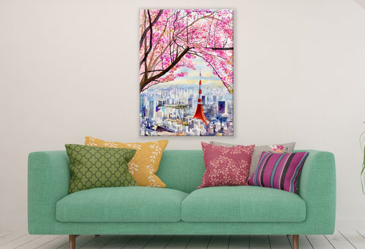 Cherry blossoms and Tokyo Tower Painting Print 100% Australian Made