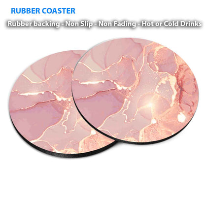 Gold Splash & Pink Marble Abstract Coasters Wood & Rubber - Set of 6 Coasters