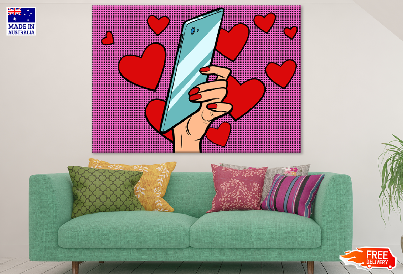 Girl Holding a Phone & Heart Shapes Illustration Print 100% Australian Made