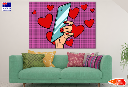 Girl Holding a Phone & Heart Shapes Illustration Print 100% Australian Made