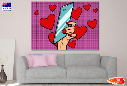 Girl Holding a Phone & Heart Shapes Illustration Print 100% Australian Made