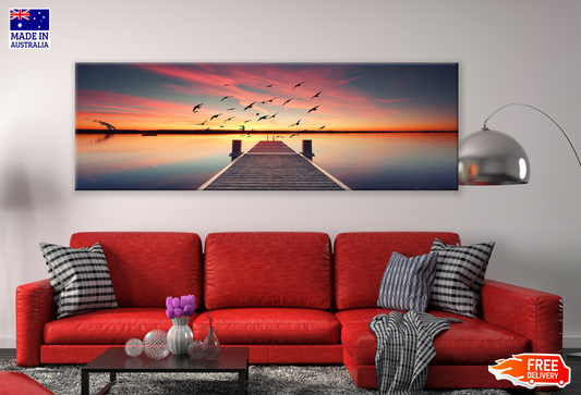 Panoramic Canvas Sunset Wooden Pier Birds Flying High Quality 100% Australian made wall Canvas Print ready to hang