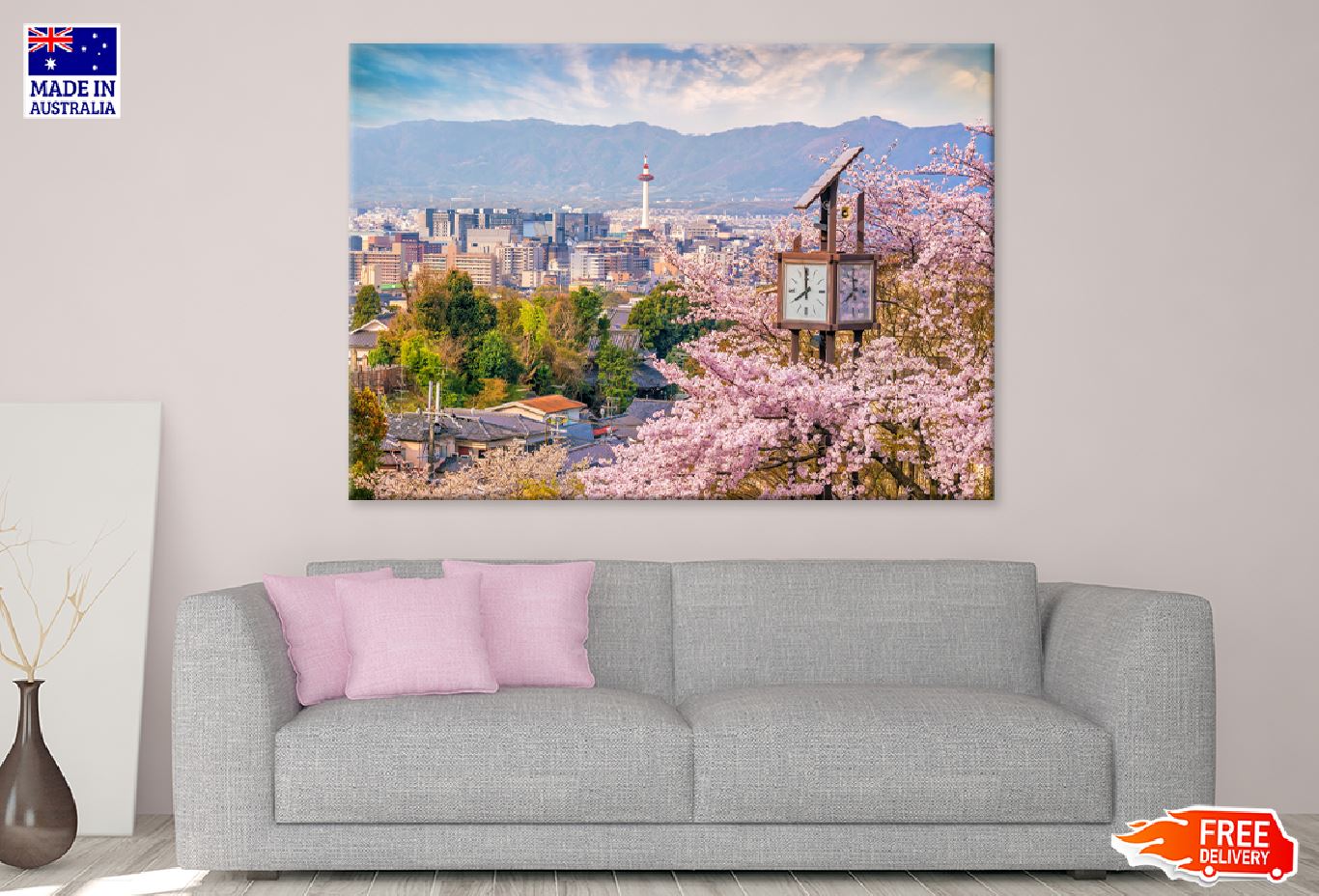 Kyoto City Skyline & Sakura Flowers View Photograph Print 100% Australian Made