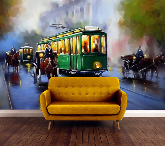 Wallpaper Murals Peel and Stick Removable Tram Trains in City Painting High Quality