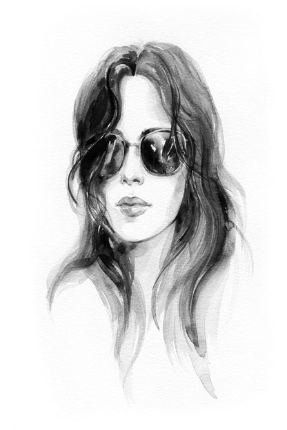 Girl Wearing Sunglasses Fashion B& Watercolor Painting Print 100% Australian Made