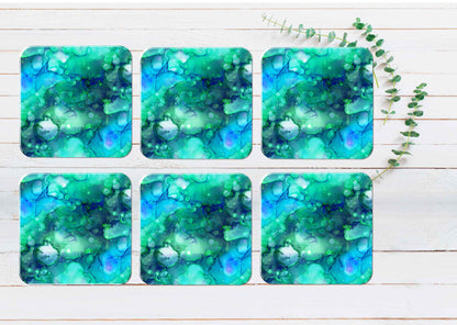 Blue & Green Ink Digital Abstract Coasters Wood & Rubber - Set of 6 Coasters