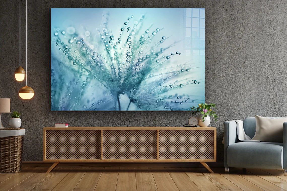 Blue Dandelion Droplet Print Tempered Glass Wall Art 100% Made in Australia Ready to Hang