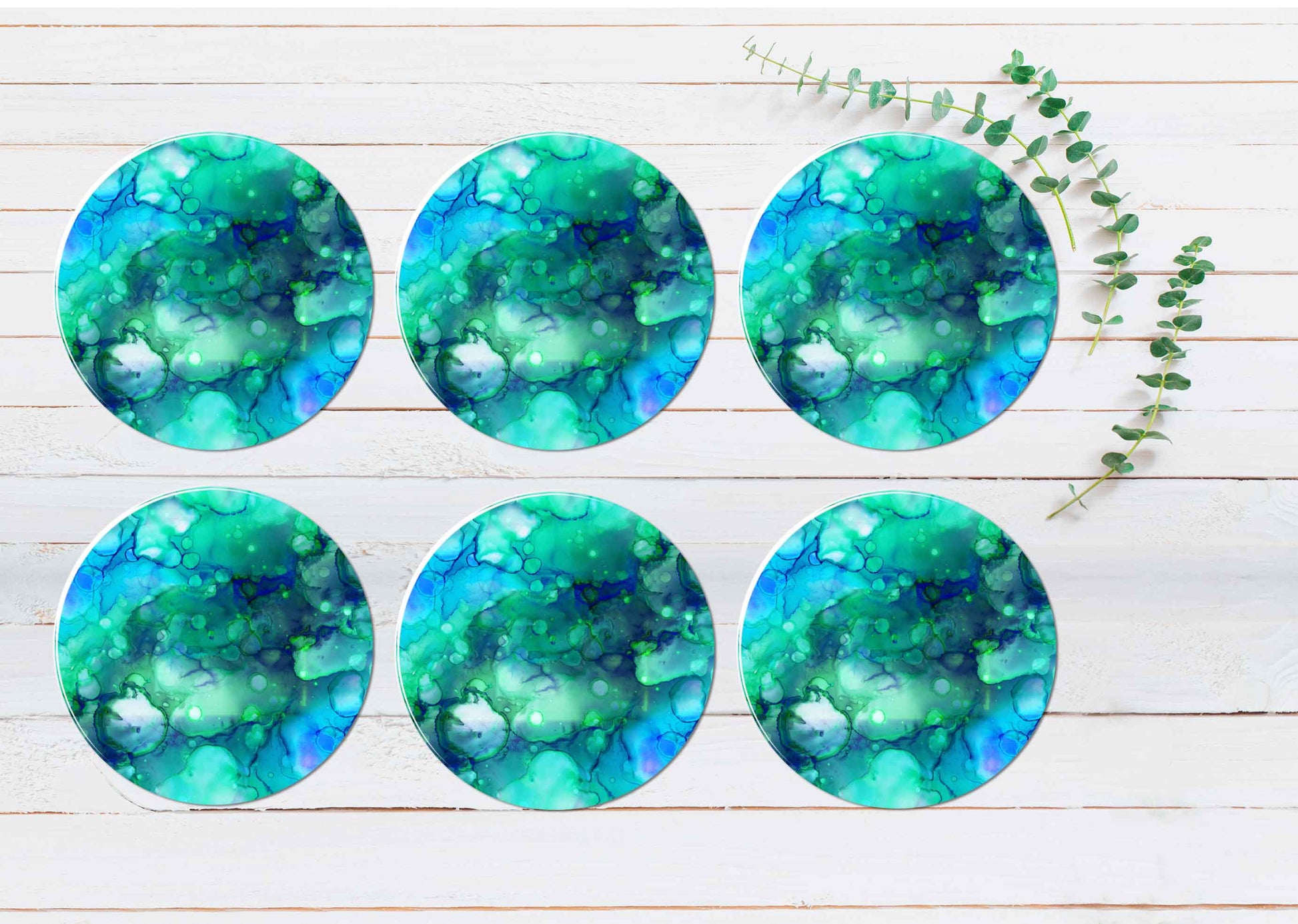 Blue & Green Ink Digital Abstract Coasters Wood & Rubber - Set of 6 Coasters