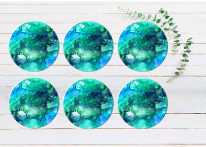 Blue & Green Ink Digital Abstract Coasters Wood & Rubber - Set of 6 Coasters