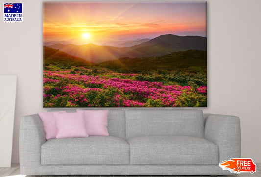 Floral Field & Mountain View at Sunset Photograph Print 100% Australian Made