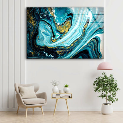 Blue Gold & White Abstract Design Acrylic Glass Print Tempered Glass Wall Art 100% Made in Australia Ready to Hang