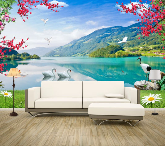 Wallpaper Murals Peel and Stick Removable Swans In Lake with Mountain View High Quality