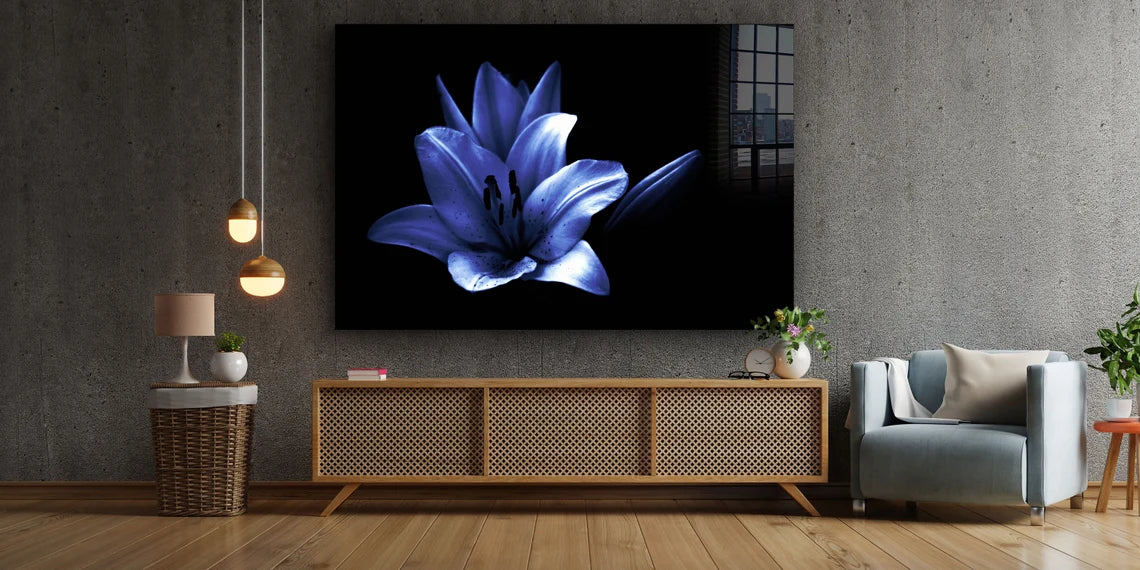 Blue Flower on Dark Print Tempered Glass Wall Art 100% Made in Australia Ready to Hang