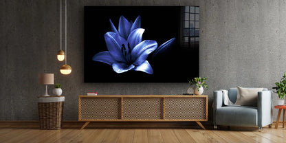 Blue Flower on Dark Print Tempered Glass Wall Art 100% Made in Australia Ready to Hang