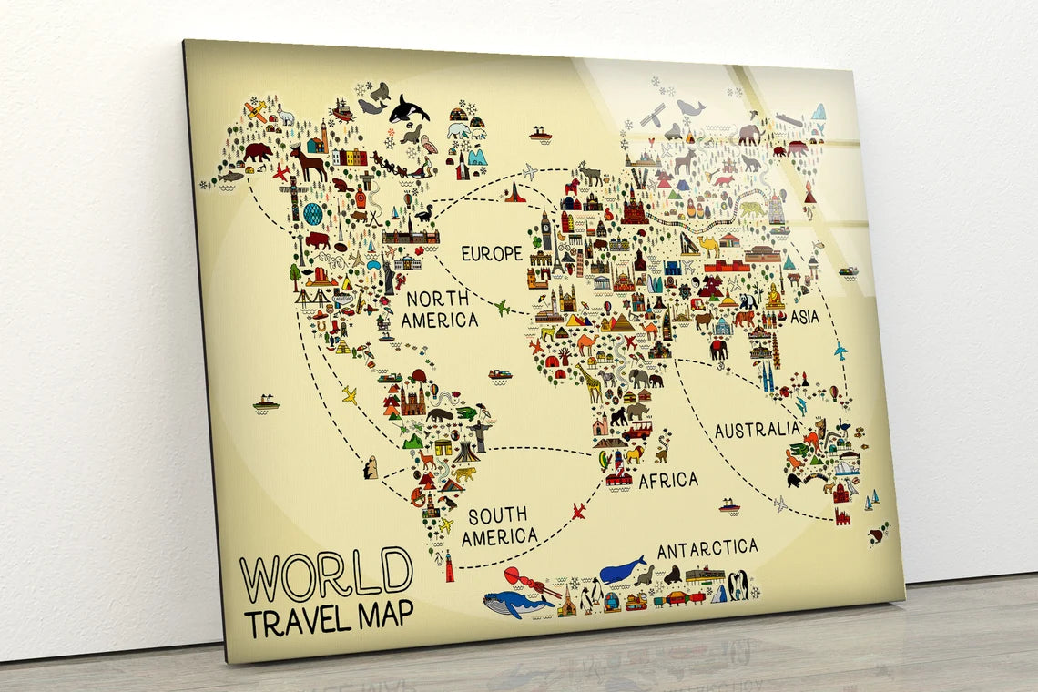 Travel World Map With Icons Design Acrylic Glass Print Tempered Glass Wall Art 100% Made in Australia Ready to Hang