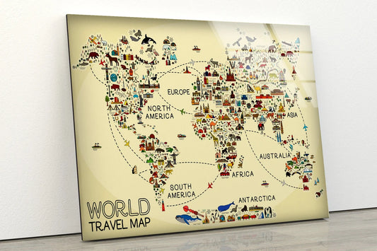 Travel World Map With Icons Design Acrylic Glass Print Tempered Glass Wall Art 100% Made in Australia Ready to Hang