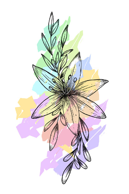 Colorful Flower With Leaves Line Art Design Print 100% Australian Made