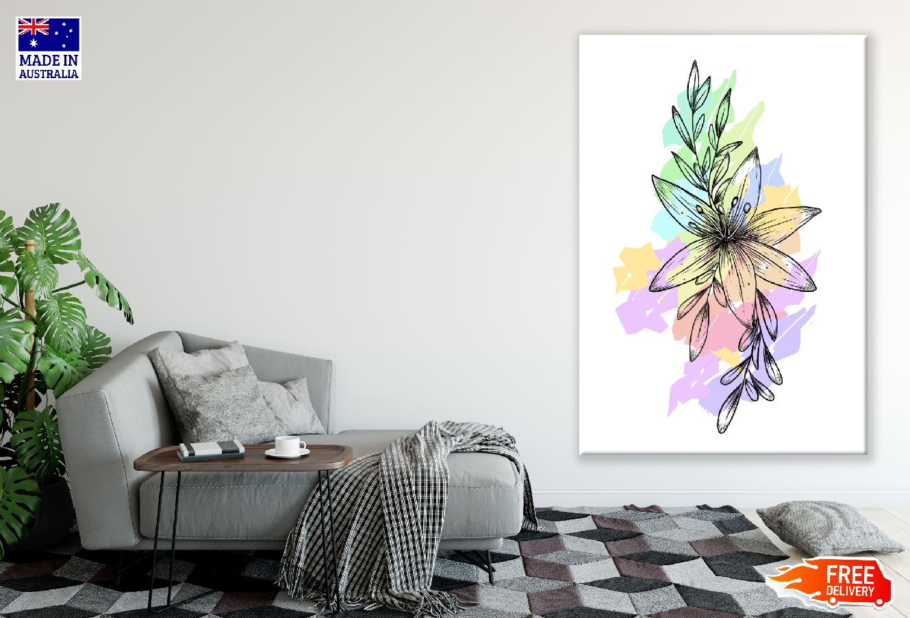 Colorful Flower With Leaves Line Art Design Print 100% Australian Made