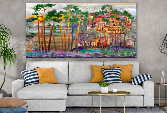 Colourful Trees & Buildings Painting Print 100% Australian Made