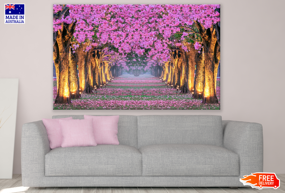 Rows of Beautiful Pink Flowers Trees Print 100% Australian Made