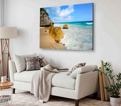 Bella Home Sandy Beach & Rocks Blue Sky View Print Canvas Ready to hang