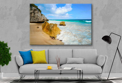 Bella Home Sandy Beach & Rocks Blue Sky View Print Canvas Ready to hang