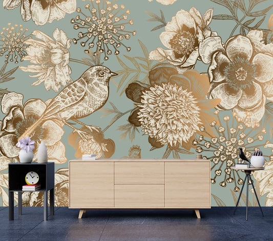 Wallpaper Murals Peel and Stick Removable Brid & Flowers Drawing High Quality