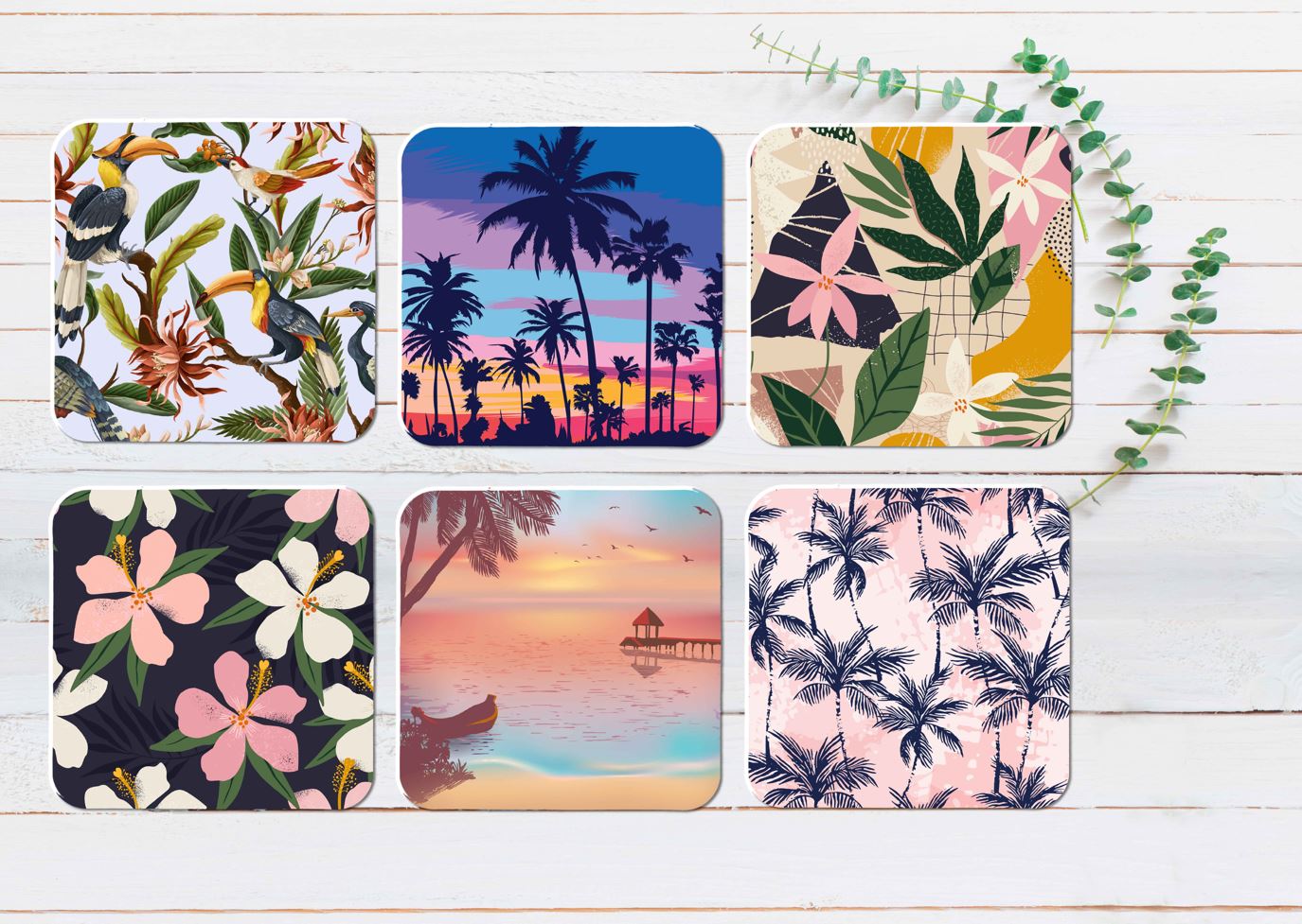 Vector Flowers & Leaves with Birds Coasters Wood & Rubber - Set of 6 Coasters