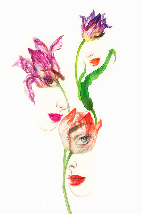 Woman Faces on Flowers Watercolor Painting Print 100% Australian Made