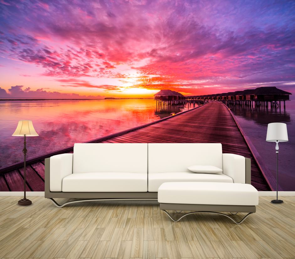 Wallpaper Murals Peel and Stick Removable Wooden Pier Over Beach at Sunset High Quality