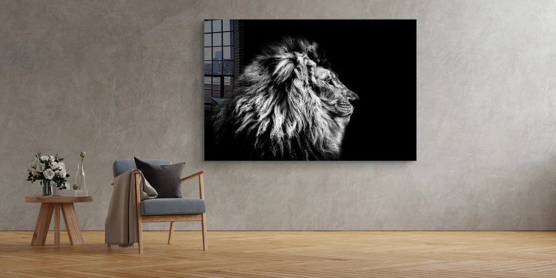 Lion B&W Side View Print Tempered Glass Wall Art 100% Made in Australia Ready to Hang