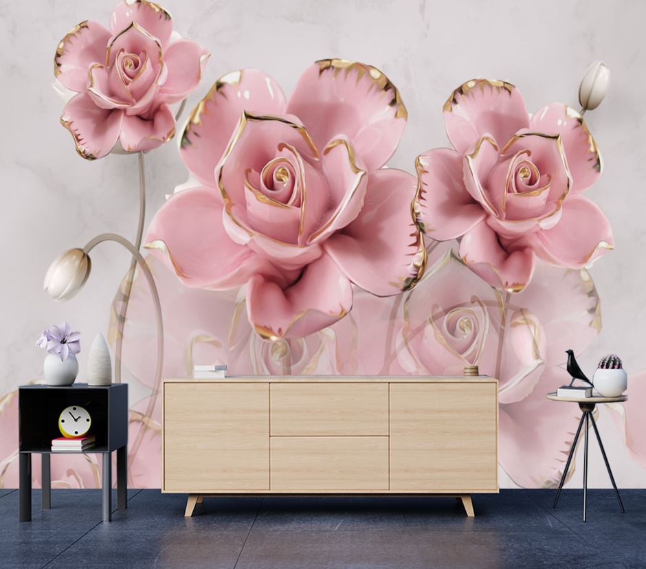 Wallpaper Murals Peel and Stick Removable 3D Pink & Gold Floral Design High Quality